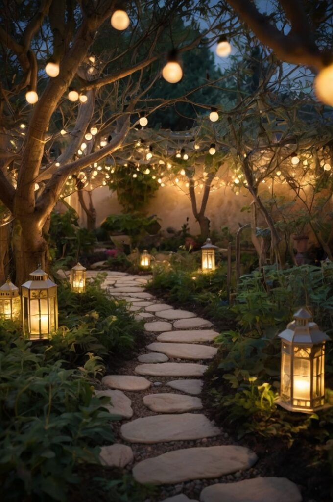 A whimsical fairytale garden at dusk, softly lit with tiny, subtle lights that create a gentle, magical ambiance. Delicate string lights, barely visible, are woven through the branches of trees, casting a faint golden shimmer on the leaves. Small solar-powered lanterns with a soft, warm glow are placed discreetly along the winding stone pathsr. The lighting is minimal and dreamlike—just enough to highlight the garden’s natural textures and curves. The scene feels intimate, peaceful, and enchanted, like a quiet moment from a fairytale at twilight.