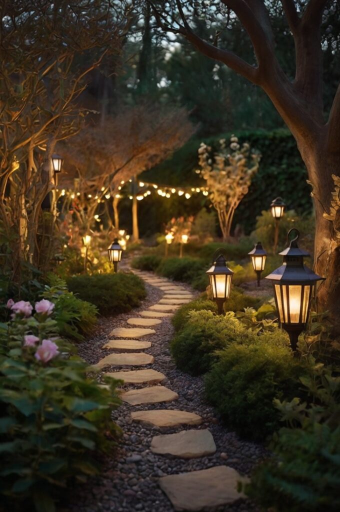 A whimsical fairytale garden at dusk, softly lit with tiny, subtle lights that create a gentle, magical ambiance. Delicate string lights, barely visible, are woven through the branches of trees, casting a faint golden shimmer on the leaves. Small solar-powered lanterns with a soft, warm glow are placed discreetly along the winding stone pathsr. The lighting is minimal and dreamlike—just enough to highlight the garden’s natural textures and curves. The scene feels intimate, peaceful, and enchanted, like a quiet moment from a fairytale at twilight.