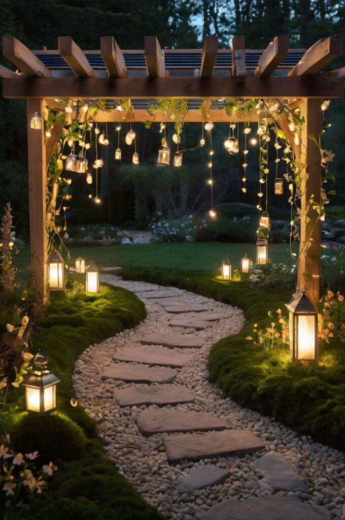 A whimsical fairytale garden at dusk, softly lit with tiny, subtle lights that create a gentle, magical ambiance. Delicate string lights, barely visible, are woven through the branches of trees and along the edges of a rustic wooden pergola. Small solar-powered lanterns with a soft, warm glow are placed discreetly along the winding stone paths. Faintly glowing pebbles are scattered underfoot, adding a barely-there shimmer to the scene. The lighting is minimal and dreamy—just enough to illuminate the garden’s curves and textures without overpowering its natural beauty. The atmosphere is intimate, serene, and storybook-like, perfect for quiet twilight moments.