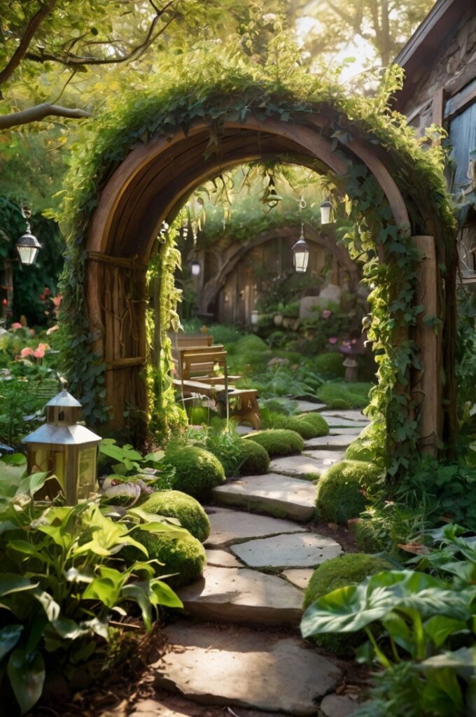 A whimsical fairytale garden tucked into a quiet corner of a backyard, glowing in soft, dappled sunlight. The space is enclosed by wooden fencing partially covered in ivy, with lush flowering plants and rich greenery. Twisting tree trunks rise at the edge, their leafy canopies casting magical shadows. Natural rocks and moss line a small, clear pond or bubbling fountain. A winding stone path leads through the garden, past a rustic wooden archway. Subtle fantasy touches include miniature fairy houses nestled among the plants, tiny lanterns hanging from branches, and a gentle breeze rustling the leaves. The scene is cozy, magical, and serene.