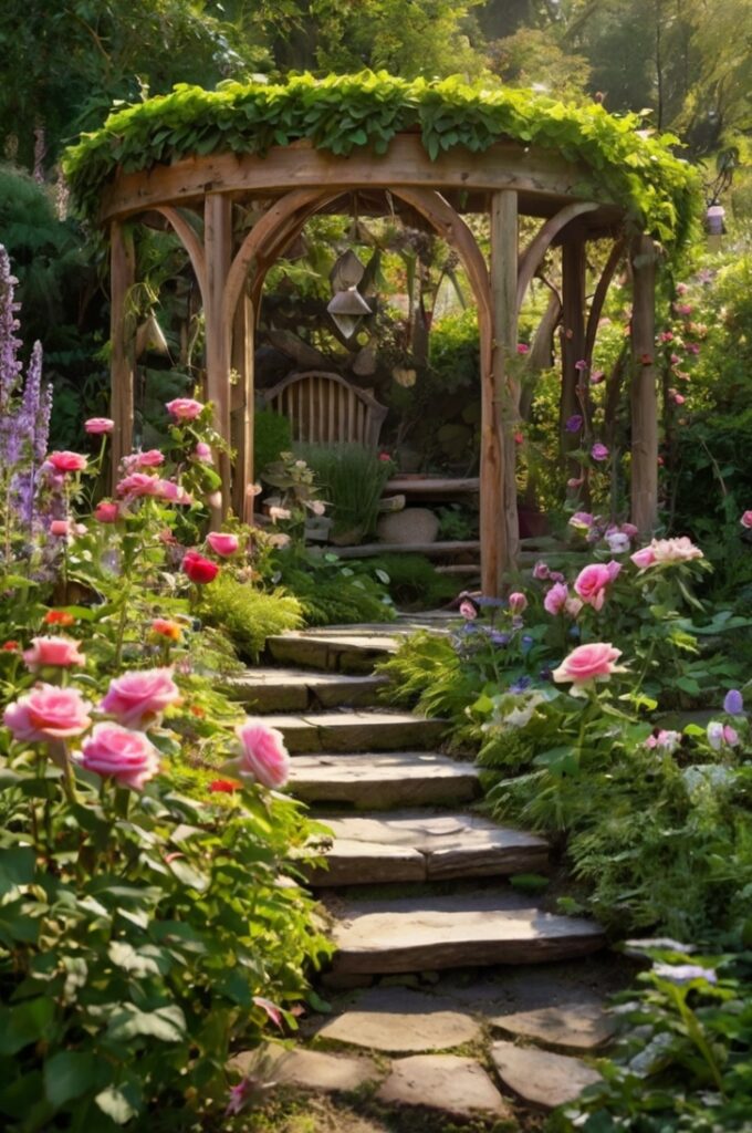 A whimsical fairytale garden tucked into a quiet corner of a backyard, glowing in soft, dappled sunlight. The space is enclosed by a wooden fence draped in ivy, with a riot of colorful flowers blooming everywhere—roses, foxgloves, lavender, daisies, and wildflowers in full bloom. Lush greenery surrounds the area, with twisting tree trunks and leafy canopies casting magical shadows. Natural rocks and moss border a small, clear pond or bubbling fountain. A winding stone path meanders through the garden, past a rustic wooden archway entwined with climbing roses. Subtle fantasy touches include miniature fairy houses hidden among the blossoms, tiny lanterns dangling from branches, and butterflies fluttering through the air. The scene is vibrant, magical, and filled with floral charm