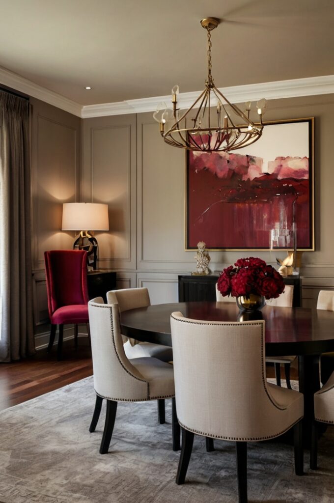 An elegant dining room featuring a bold statement artwork as the focal point, prominently showcasing rich shades of burgundy. The large piece of art hangs on a neutral wall, drawing the eye and tying the room’s color scheme together seamlessly. The space includes complementary elements like dark wood furniture, burgundy upholstered chairs, and warm layered lighting. Subtle decorative accents and textures enhance the sophisticated, cohesive atmosphere, perfect for stylish dining and entertaining.