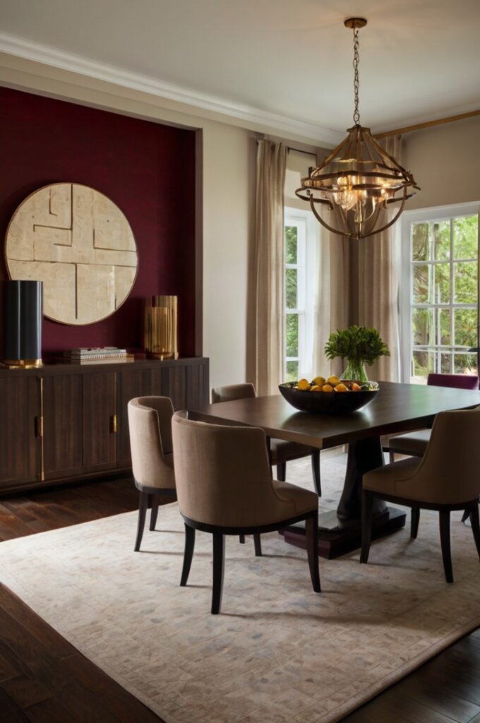 A stylish dining room featuring a bold burgundy accent wall that creates an immediate visual impact. The deep, rich color adds warmth and sophistication to the space, grounding the room with an elegant, moody palette. The remaining walls are in lighter, neutral tones to balance the depth of the burgundy. A modern or classic dining table sits centered in the room, with comfortable chairs, warm ambient lighting, and subtle decor like framed art or a mirror on the accent wall. The atmosphere feels refined, cozy, and thoughtfully designed.