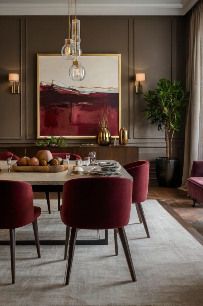 An elegant dining room featuring a bold statement artwork as the focal point, prominently showcasing rich shades of burgundy. The large piece of art hangs on a neutral wall, drawing the eye and tying the room’s color scheme together seamlessly. The space includes complementary elements like dark wood furniture, burgundy upholstered chairs, and warm layered lighting. Subtle decorative accents and textures enhance the sophisticated, cohesive atmosphere, perfect for stylish dining and entertaining.