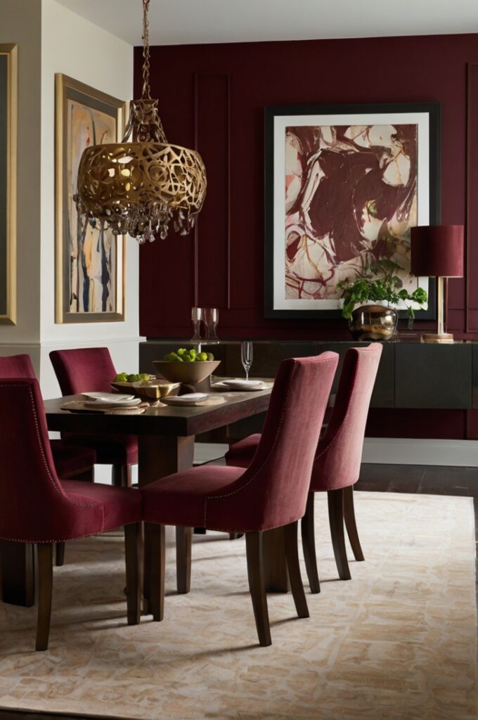 An elegant dining room featuring a bold statement artwork as the focal point, prominently showcasing rich shades of burgundy. The large piece of art hangs on a neutral wall, drawing the eye and tying the room’s color scheme together seamlessly. The space includes complementary elements like dark wood furniture, burgundy upholstered chairs, and warm layered lighting. Subtle decorative accents and textures enhance the sophisticated, cohesive atmosphere, perfect for stylish dining and entertaining.