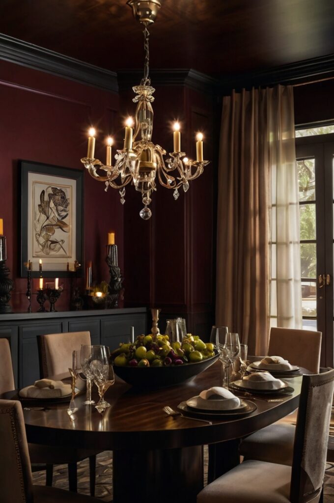 An intimate, atmospheric dining room featuring layered lighting to create a warm, dramatic ambiance. The space includes a central overhead chandelier, elegant wall sconces, and softly flickering candles placed on the dining table. Burgundy walls absorb and diffuse the light, casting a rich, moody glow throughout the room. The lighting highlights the textures and details of the space, including plush furnishings, dark wood accents, and metallic or glass decor. The overall effect is cozy, luxurious, and perfect for evening dining or special gatherings.