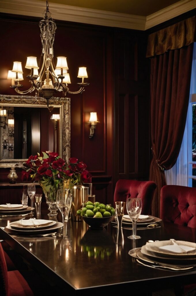 An intimate, atmospheric dining room featuring layered lighting to create a warm, dramatic ambiance. The space includes a central overhead chandelier, elegant wall sconces, and softly flickering candles placed on the dining table. Burgundy walls absorb and diffuse the light, casting a rich, moody glow throughout the room. The lighting highlights the textures and details of the space, including plush furnishings, dark wood accents, and metallic or glass decor. The overall effect is cozy, luxurious, and perfect for evening dining or special gatherings.