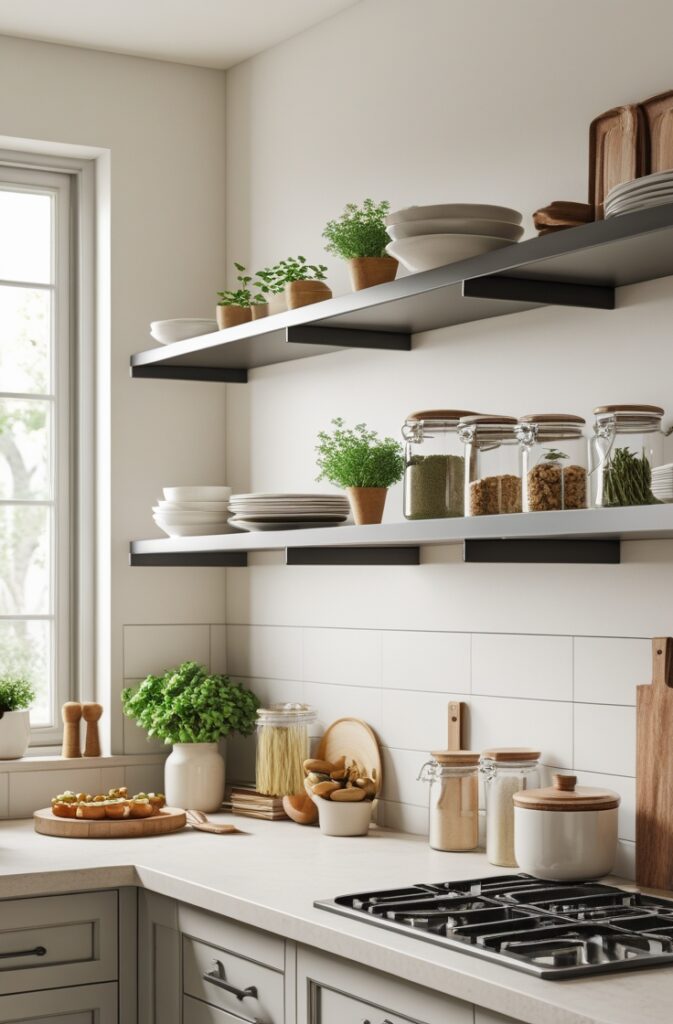 A beautifully styled kitchen interior featuring floating shelves used for both decoration and smart storage. The shelves are made of sleek metal, mounted on a clean backsplash wall above a countertop. They are tastefully arranged with a mix of functional and decorative items—ceramic dishes, glass jars filled with dry goods, cookbooks, small potted herbs, and artisanal kitchenware. The kitchen design is modern and airy, with natural light, neutral cabinetry, and a minimalist aesthetic. The overall look is clean, curated, and personalized, showing how floating shelves can reduce clutter while adding charm and character. Medium: photo-realistic.