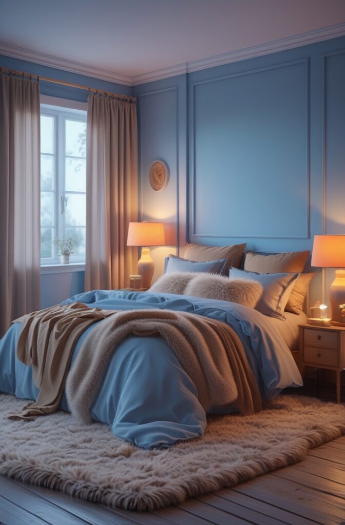 A cozy, tranquil bedroom interior designed using color psychology to enhance mental wellness. The walls are painted in soft, soothing shades of blue, creating a calm and restful atmosphere. The bed is plush with layered blankets, fluffy pillows, and warm neutral-toned linens. Soft lighting from warm-toned lamps casts a gentle glow around the room. A thick, textured rug covers the wooden floor, and soft curtains frame large windows letting in diffused natural light. Style: photorealistic, warm, inviting, hygge-inspired.