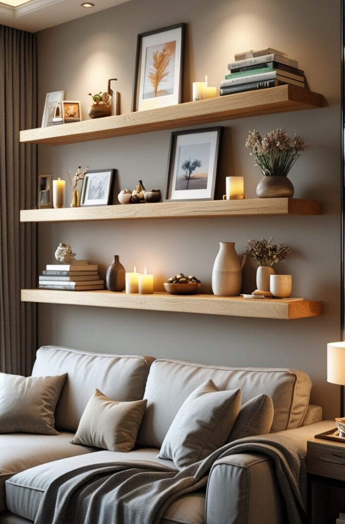 A modern, cozy living room featuring floating shelves as a stylish design element. The shelves are mounted on a neutral-toned wall and made from natural wood. They are artfully arranged with decorative objects such as framed photos, small vases, candles, stacked books, and ceramics. The room includes a comfortable sofa, soft textiles like throw blankets and pillows, and ambient lighting from a lamp. The overall atmosphere is warm and curated, showing how floating shelves add personality, reduce clutter, and enhance the space with subtle visual interest. Medium: photo-realistic