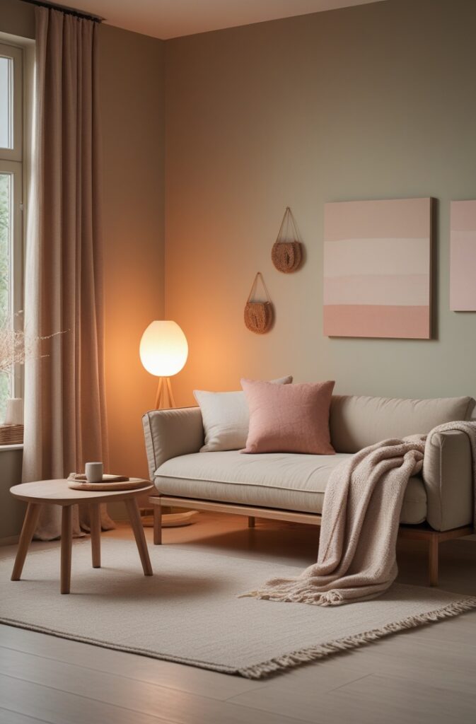 A peaceful and harmonious interior space designed using color psychology for mental wellness. The room features a soothing palette of muted neutrals, earthy tones like soft beige, warm taupe, gentle terracotta, and calming pastels such as pale blush and dusty sage. The furniture is minimalist and comfortable, with natural materials like wood, linen, and wool. Soft lighting from a floor lamp creates a warm, ambient glow. Include cozy details such as a plush throw blanket, a neutral-toned rug, and simple wall art. Everything should feel balanced, serene, and grounding. Style: photorealistic, tranquil, minimalist with a cozy and wellness-focused aesthetic.
