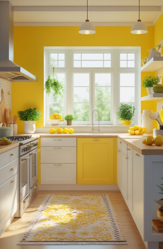 A photorealistic, airy, modern yet homey, with an uplifting and energizing vibe, bright and cheerful kitchen interior. The space features vibrant yellow accents—such as a feature wall—that spark joy and boost energy levels. The kitchen is bathed in natural sunlight, with large windows that let in plenty of light. Complementary white and light wood tones balance the vibrancy, creating a fresh and inviting atmosphere. Include potted herbs on the windowsill, a bowl of fresh lemons on the counter, and cozy details like a patterned rug and ceramic mugs.