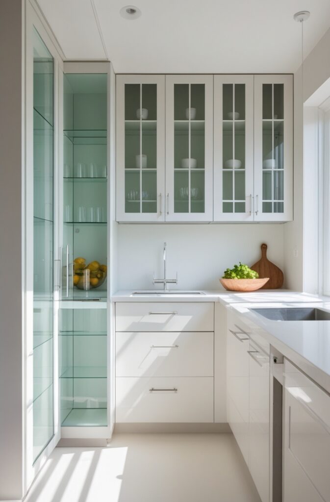 A small, contemporary kitchen featuring glass cabinet doors that create a sophisticated, elegant look. Part of the cabinets are made of clear glass, allowing light to bounce around the room and create an open, airy feeling. The use of glass surfaces helps the space feel larger and more expansive. The kitchen is bright and filled with natural light, enhancing the illusion of depth. The design is sleek and minimalistic, with a focus on light, neutral colors and clean lines. The glass surfaces are strategically used to add a touch of modern sophistication without overwhelming the space.