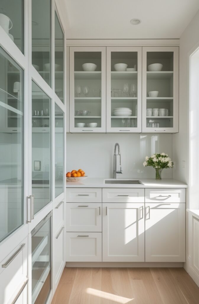 A small, contemporary kitchen featuring glass cabinet doors that create a sophisticated, elegant look. Part of the cabinets are made of clear glass, allowing light to bounce around the room and create an open, airy feeling. The use of glass surfaces helps the space feel larger and more expansive. The kitchen is bright and filled with natural light, enhancing the illusion of depth. The design is sleek and minimalistic, with a focus on light, neutral colors and clean lines. The glass surfaces are strategically used to add a touch of modern sophistication without overwhelming the space.
