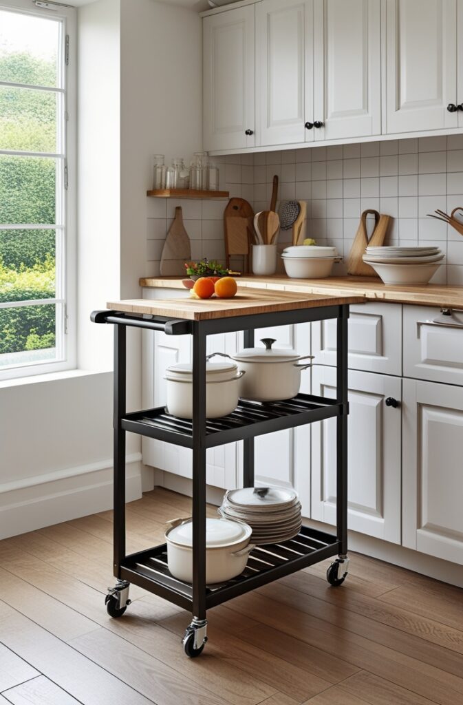 A small kitchen featuring a mobile, rolling kitchen cart that can be moved around for extra counter space or storage, and easily tucked away when not in use. The design emphasizes functionality and space-saving, perfect for small kitchens that need versatility.