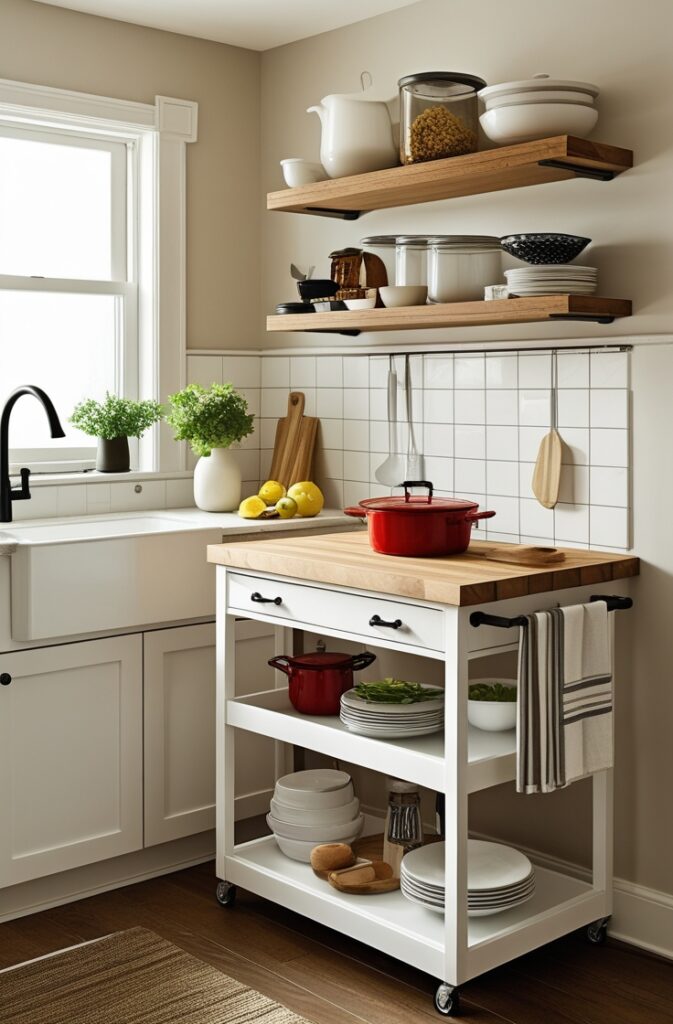 A small kitchen featuring a mobile, rolling kitchen cart that can be moved around for extra counter space or storage, and easily tucked away when not in use. The design emphasizes functionality and space-saving, perfect for small kitchens that need versatility.