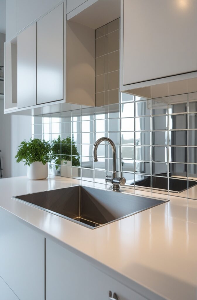 A small kitchen featuring surfaces that enhance the space's openness. The backsplash is made of sightly mirrored tiles, reflecting light and creating a sense of depth. The design uses reflective materials sparingly to maintain a clean and airy feel, ensuring the space remains open and inviting without feeling chaotic.