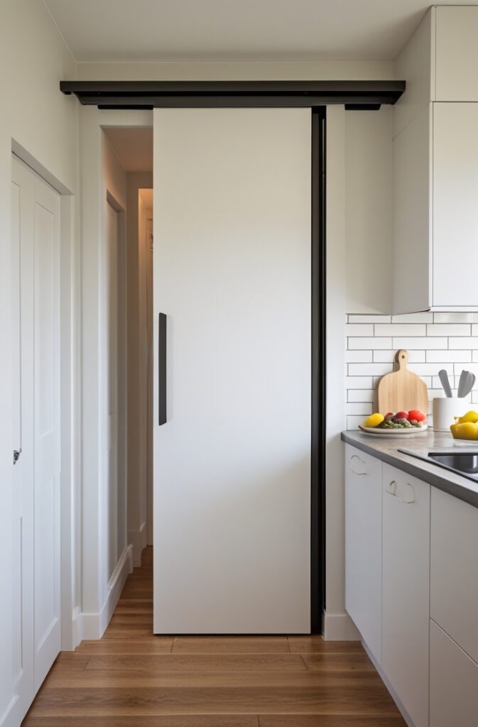 A small kitchen with a sliding door. The door is sleek and modern, perfect for tight spaces, allowing for easy flow of light and air. The pocket door separates the kitchen from the rest of the home while maintaining an open feel. The design adds a contemporary touch to the space, while also offering functionality