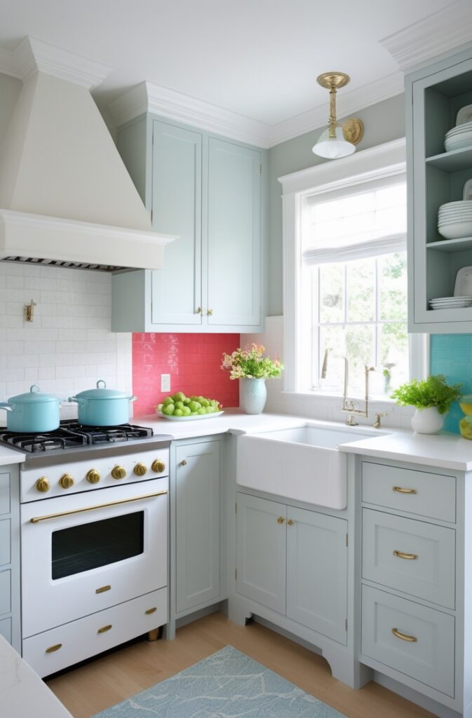 A small kitchen with light and neutral colors, including whites, soft greys, and pale blues, making the space feel open and airy. The design has a clean, timeless look with pops of color from accents like a vibrant backsplash. The space is bright and inviting, with just the right amount of color to keep it lively and visually interesting.