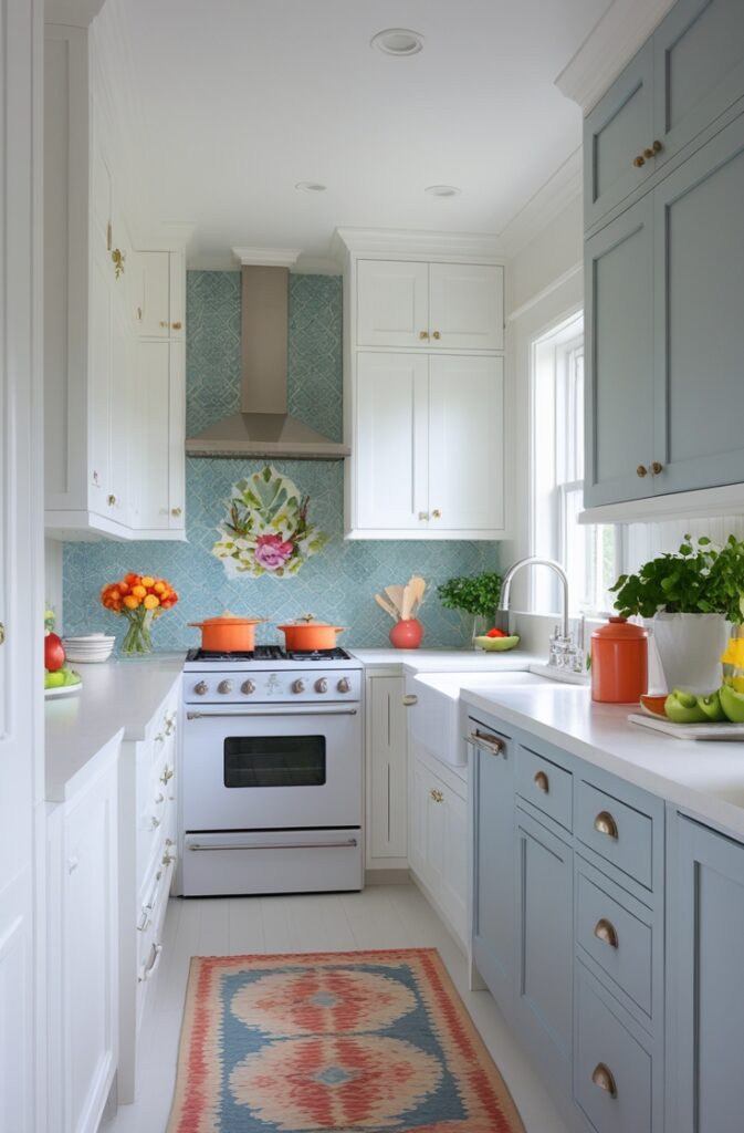 A small kitchen with light and neutral colors, including whites, soft greys, and pale blues, making the space feel open and airy. The design has a clean, timeless look with pops of color from accents like a vibrant backsplash. The space is bright and inviting, with just the right amount of color to keep it lively and visually interesting.
