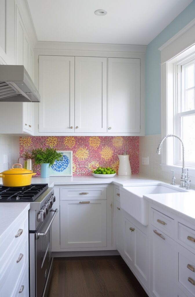 A small kitchen with light and neutral colors, including whites, soft greys, and pale blues, making the space feel open and airy. The design has a clean, timeless look with pops of color from accents like a vibrant backsplash. The space is bright and inviting, with just the right amount of color to keep it lively and visually interesting.