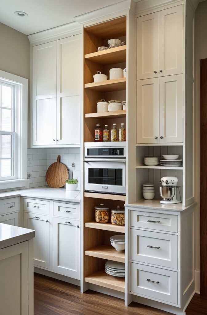 A small kitchen with vertical storage solutions. The cabinets and shelves reach up to the ceiling. The space is organized, with a mix of practical storage and stylish design.