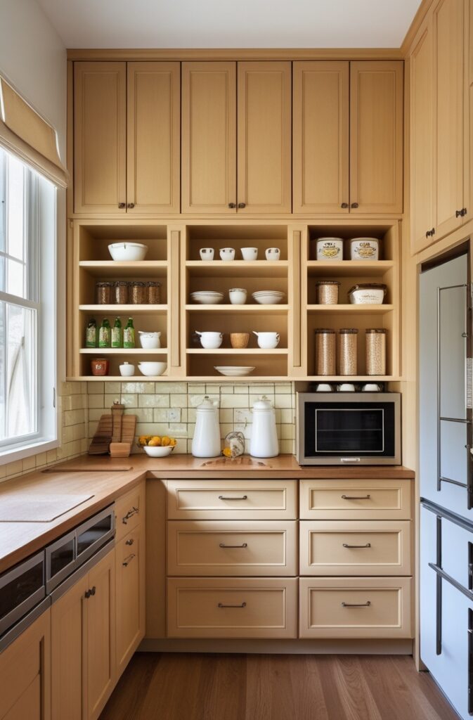 A small kitchen with vertical storage solutions. The cabinets and shelves reach up to the ceiling. The space is organized, with a mix of practical storage and stylish design.