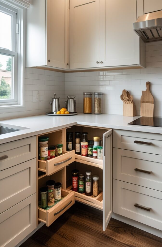 A small, modern kitchen with clever storage solutions designed to maximize every inch of space. The kitchen features pull-out drawers that make use of tight spaces, a lazy Susan tucked into a corner cabinet for easy access to spices and jars, and built-in spice racks inside cabinet doors. The design emphasizes organization and efficiency, with hidden storage compartments seamlessly integrated into the cabinets. The space is neat and clutter-free, showcasing practical yet stylish storage options that help make the most of limited kitchen space.