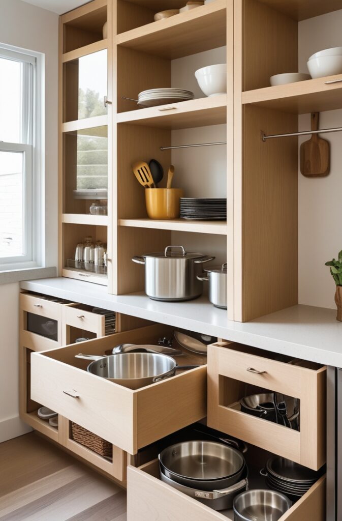 A small, organized kitchen with clever storage solutions designed to maximize space and reduce clutter. The kitchen features a deep drawer dedicated to pots and pans, and a dedicated drawer for utensils. These storage options are seamlessly integrated into the cabinetry, keeping the countertops clear and tidy. The design focuses on practicality and organization, with an emphasis on functionality while maintaining a clean, minimalist aesthetic.