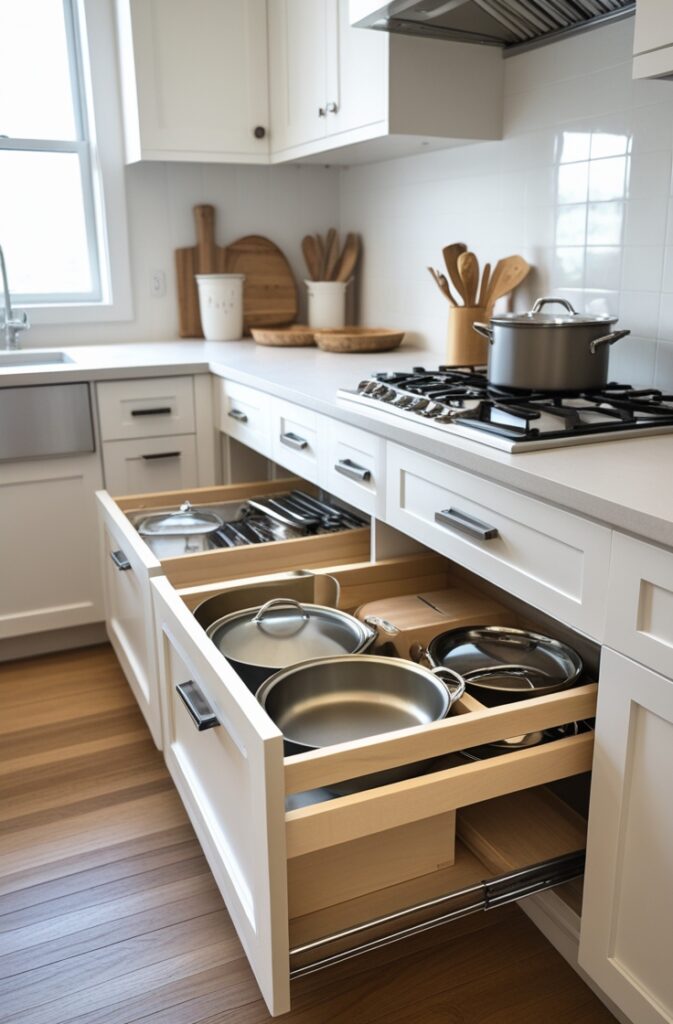 A small, organized kitchen with clever storage solutions designed to maximize space and reduce clutter. The kitchen features a deep drawer dedicated to pots and pans, and a dedicated drawer for utensils. These storage options are seamlessly integrated into the cabinetry, keeping the countertops clear and tidy. The design focuses on practicality and organization, with an emphasis on functionality while maintaining a clean, minimalist aesthetic.
