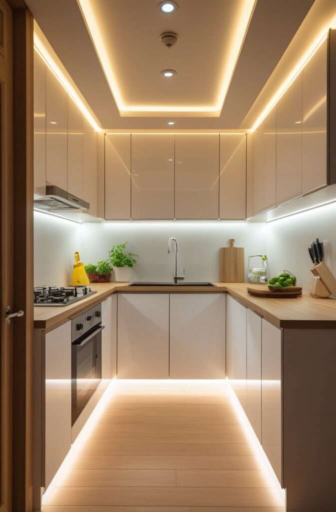 A small, well-lit kitchen featuring smart lighting solutions to create a bright and spacious feel. Energy-efficient LED lights are installed under the cabinets, providing focused illumination for the kitchen's work areas without overwhelming the space. Recessed ceiling lights are evenly distributed throughout the kitchen, ensuring a well-lit, airy atmosphere without taking up headspace. The overall lighting design is both functional and visually appealing, creating a warm and inviting kitchen.