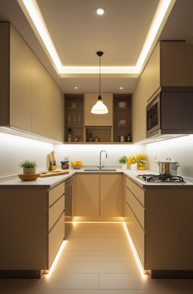 A small, well-lit kitchen featuring smart lighting solutions to create a bright and spacious feel. Energy-efficient LED lights are installed under the cabinets, providing focused illumination for the kitchen's work areas without overwhelming the space. Recessed ceiling lights are evenly distributed throughout the kitchen, ensuring a well-lit, airy atmosphere without taking up headspace. The overall lighting design is both functional and visually appealing, creating a warm and inviting kitchen.