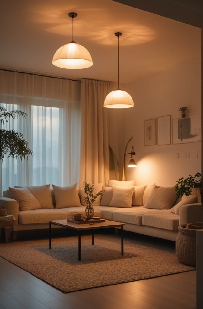 a cozy and inviting living room with ambient lighting as the main feature. Use soft, natural light coming from overhead fixtures like pendant lights. The lighting should fill the room evenly, casting a warm, gentle glow that creates a comfortable atmosphere. The space should feel spacious yet intimate, with no harsh shadows or glaring lights. The room should have simple, clean furniture, neutral tones, and an overall serene vibe. Focus on creating a balance of light that highlights the entire space softly and evenly, giving it a welcoming, non-overwhelming glow.