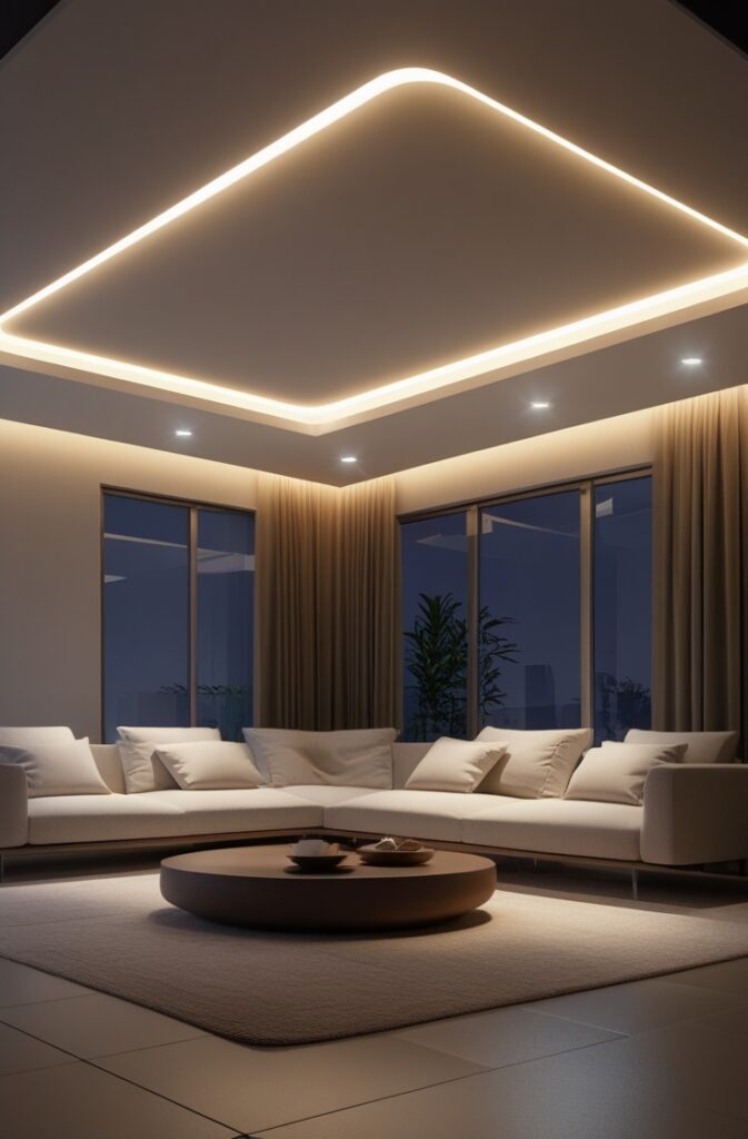 Create a modern living room with ambient lighting using recessed ceiling lights. The recessed lights should be discreetly installed into the ceiling, providing a sleek, unobtrusive glow that fills the entire room evenly. The lighting should create a soft, natural ambiance, casting a gentle illumination across the space without harsh shadows or glare. The room should have a minimalist design, with neutral tones, clean lines, and functional furniture. Focus on how the recessed lighting subtly enhances the room, providing comfort and clarity while maintaining a peaceful, well-lit environment. It is during nighttime.