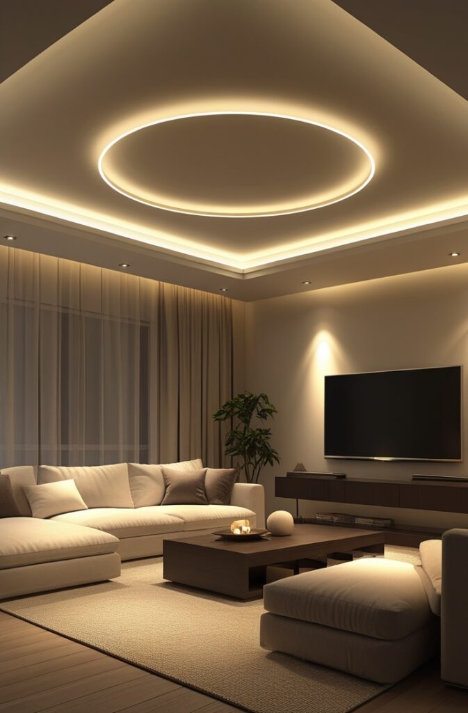 a modern living room with ambient lighting using recessed ceiling lights. The recessed lights should be discreetly installed into the ceiling, providing a sleek, unobtrusive glow that fills the entire room evenly. The lighting should create a soft, natural ambiance, casting a gentle illumination across the space without harsh shadows or glare. The room should have a minimalist design, with neutral tones, clean lines, and functional furniture. Focus on how the recessed lighting subtly enhances the room, providing comfort and clarity while maintaining a peaceful, well-lit environment. It is during nighttime.