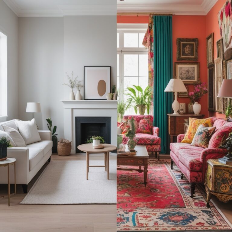 a split-image thumbnail for a blog post titled 'Minimalist vs. Maximalist: Which Style Suits You?' On one side, show a calm, minimalist living room with neutral colors (whites, greys, beige), clean lines, simple furniture, and open space. On the other side, show a vibrant, maximalist living room filled with bold colors, eclectic patterns, vintage furniture, and a variety of decor and textures. The two sides should be visually distinct but balanced, showcasing the contrast between the two styles.