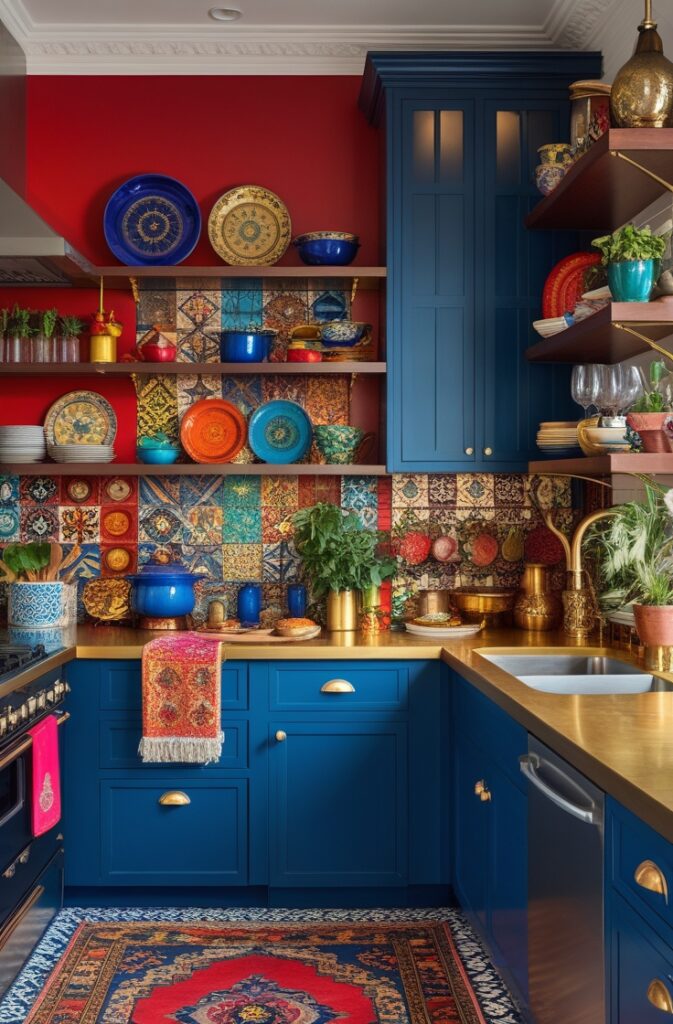 a vibrant and eclectic maximalist kitchen design. Use bold color palettes like deep reds, rich blues, and gold accents, with a statement wall featuring striking, colorful tiles. Layer various textures, including glossy ceramic tiles, textured cabinetry, and patterned rugs. Incorporate a mix of vintage, boho, and globally-inspired decor elements, such as unique cookware, artistic backsplash tiles, and decorative plates. Include shelves filled with collections of glassware, plants, and kitchen tools to create a curated yet lived-in feel. The kitchen should exude personality, creativity, and warmth, with every detail adding to the rich and stimulating atmosphere. Emphasize a sense of organized chaos that feels full of life and personal expression.