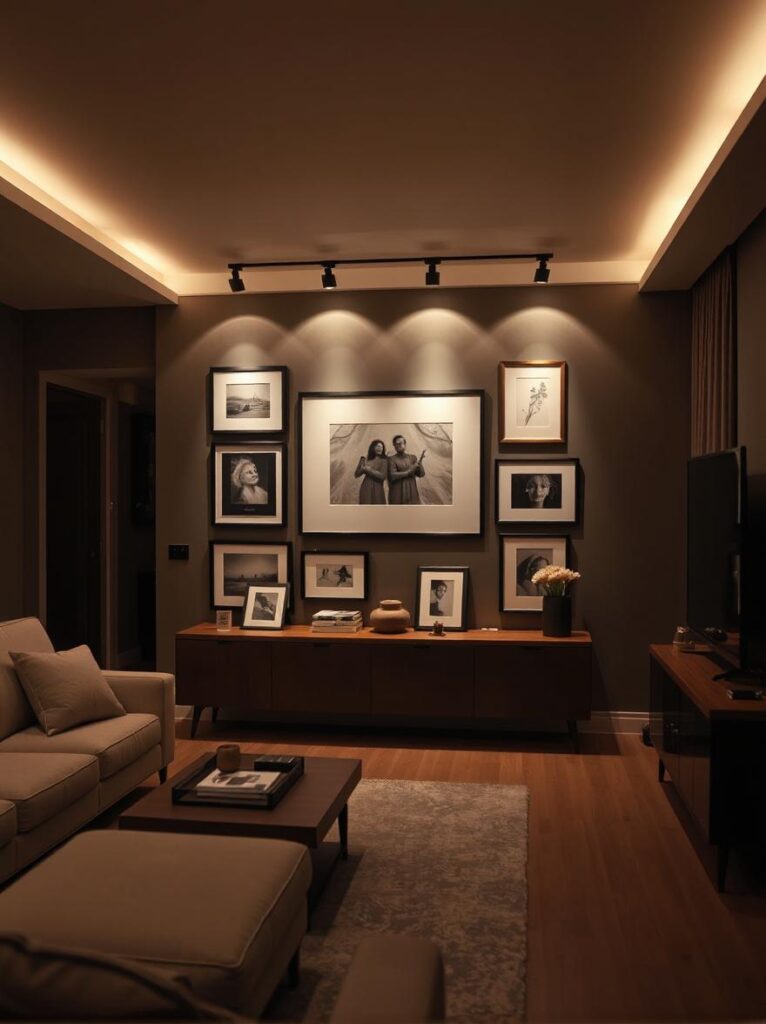 A modern, sophisticated interior space with accent lighting as the mood-setting layer. Sleek track lighting is installed on the ceiling, casting focused beams of warm light onto a gallery wall filled with framed artwork. The room is dimly lit overall to emphasize the dramatic effect of the accent lights, creating depth, contrast, and a sense of elegance. The decor is contemporary, with neutral tones and minimalist furnishings that allow the lighting and highlighted art to stand out as focal points.