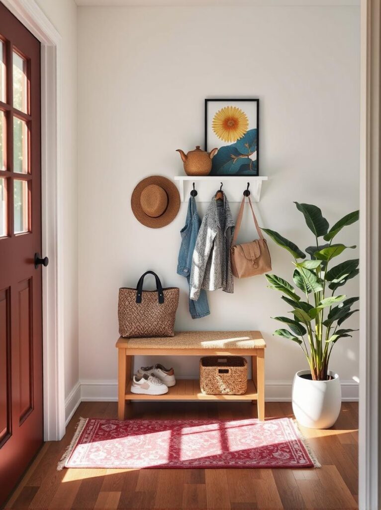 Capture a beautifully styled entryway that radiates both charm and practicality. At the heart of the space is a compact yet stylish bench—think woven texture or natural wood—tucked beneath a set of floating hooks holding everyday essentials like a bag, hat, and lightweight jacket. A vibrant runner rug stretches across the floor, anchoring the space with color and texture. To the side, a leafy indoor plant in a ceramic pot adds life and freshness. Medium: photo-realistic.