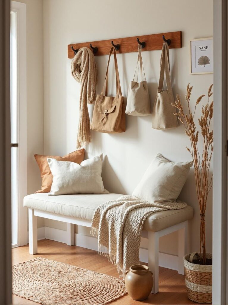 A warm and cozy entryway that feels like a gentle home. The space features a soft-cushioned bench in a neutral fabric like linen, layered with plush throw pillows and a folded knit blanket. Above the bench, wooden wall hooks hold everyday items like a wool scarf, canvas tote, and cozy cardigan. A soft, woven runner rug in earthy tones adds texture and comfort underfoot. A potted plant with soft, trailing leaves sits in a rustic ceramic pot. The walls are painted in a creamy off-white or warm taupe, with subtle accents like framed prints or dried flowers nearby. The atmosphere should feel inviting, peaceful, and lived-in—perfect for a quiet, comforting first impression. Medium: photo-realistic.