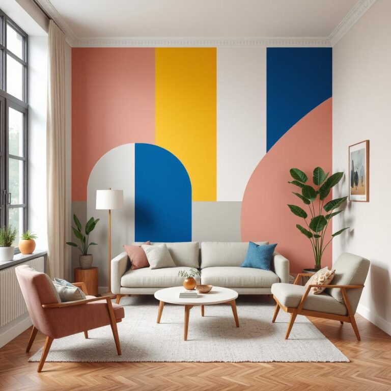 A modern, inviting living room with one striking accent wall painted in a bold, stylish color such as pale yellow, dusty rose, and cobalt blue. The accent wall features a playful geometric or abstract color-blocking pattern that gives the room a creative, DIY vibe. The surrounding walls are light and neutral—think warm ivory or soft greige—to balance the intensity of the accent color. Include modern furniture with clean lines, a comfy armchair, indoor greenery, and soft natural lighting. The room should feel fresh, artistic, and full of personality.