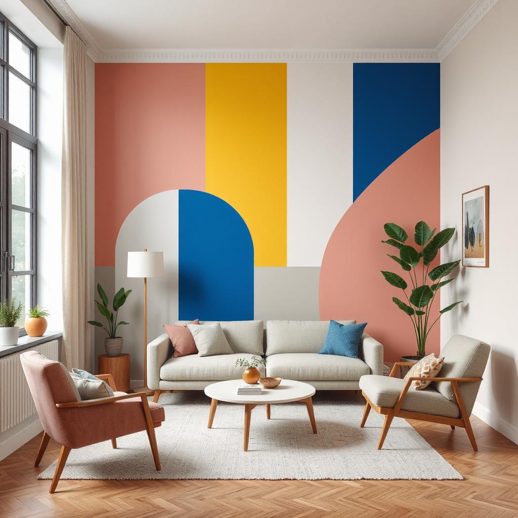 A modern, inviting living room with one striking accent wall painted in a bold, stylish color such as pale yellow, dusty rose, and cobalt blue. The accent wall features a playful geometric or abstract color-blocking pattern that gives the room a creative, DIY vibe. The surrounding walls are light and neutral—think warm ivory or soft greige—to balance the intensity of the accent color. Include modern furniture with clean lines, a comfy armchair, indoor greenery, and soft natural lighting. The room should feel fresh, artistic, and full of personality.