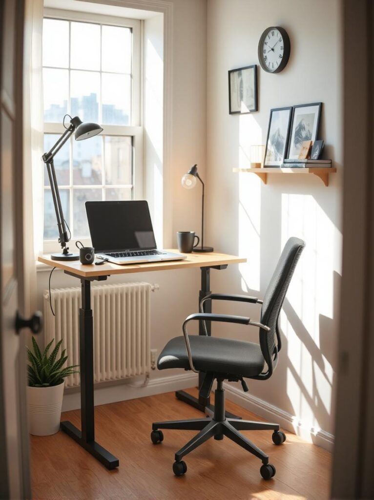 A small but thoughtfully designed home office setup in a modern apartment, prioritizing comfort and ergonomics. The workspace features a compact desk with a laptop on a standing desk converter. A supportive ergonomic chair is positioned in front of the desk. Additional ergonomic accessories like a footrest and wrist support are included, enhancing comfort for long work hours. The space is tidy and well-lit with natural light, tucked into a quiet corner, showing that even small areas can support healthy, productive remote work