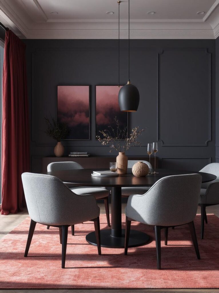 A modern dining room that blends rich burgundy tones with soft gray elements for a balanced, moody aesthetic. The space features gray walls or upholstered dining chairs that soften the intensity of burgundy accents—such as curtains, a statement rug, or a centerpiece. The combination creates a sophisticated and harmonious color palette, perfect for contemporary interiors. Clean-lined furniture, matte finishes, and subtle metallic touches (like brushed nickel or black hardware) enhance the modern vibe. Ambient lighting adds warmth, making the room feel inviting and refined.