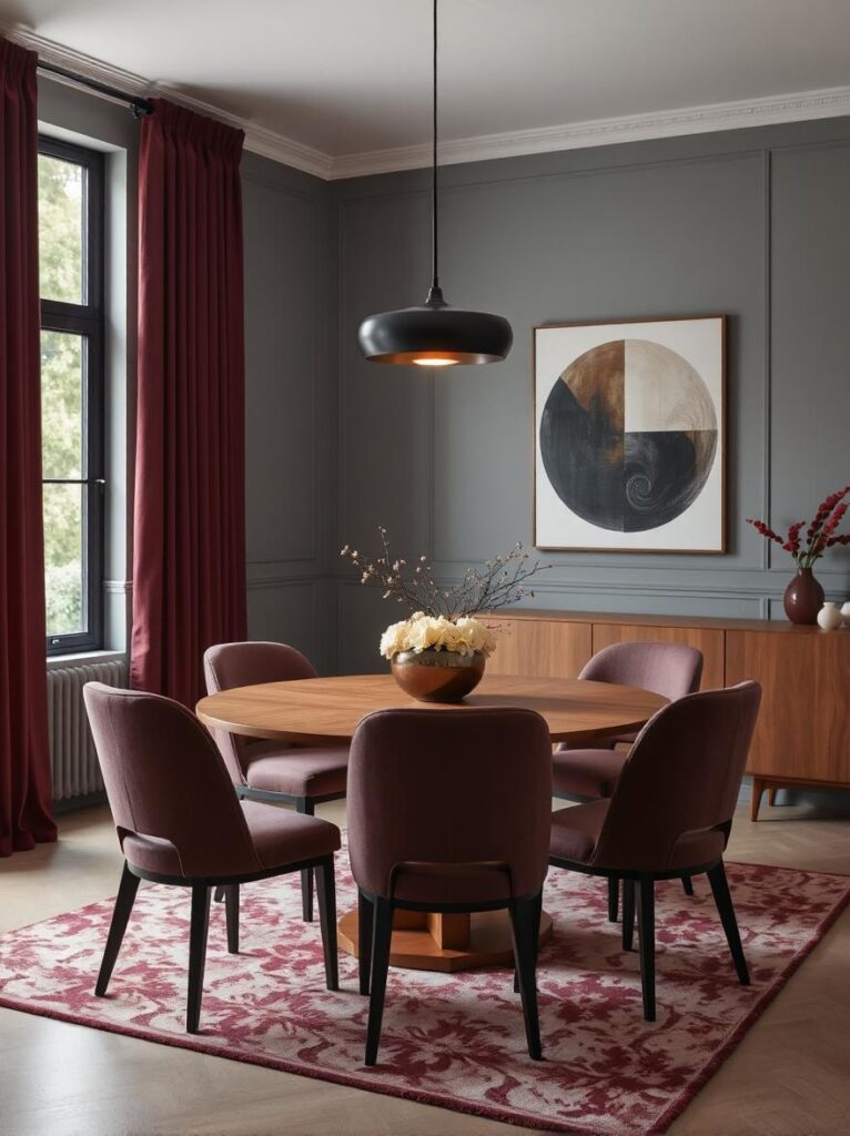 A modern dining room that blends rich burgundy tones with soft gray elements for a balanced, moody aesthetic. The space features gray walls or upholstered dining chairs that soften the intensity of burgundy accents—such as curtains, a statement rug, or a centerpiece. The combination creates a sophisticated and harmonious color palette, perfect for contemporary interiors. Clean-lined furniture, matte finishes, and subtle metallic touches (like brushed nickel or black hardware) enhance the modern vibe. Ambient lighting adds warmth, making the room feel inviting and refined.