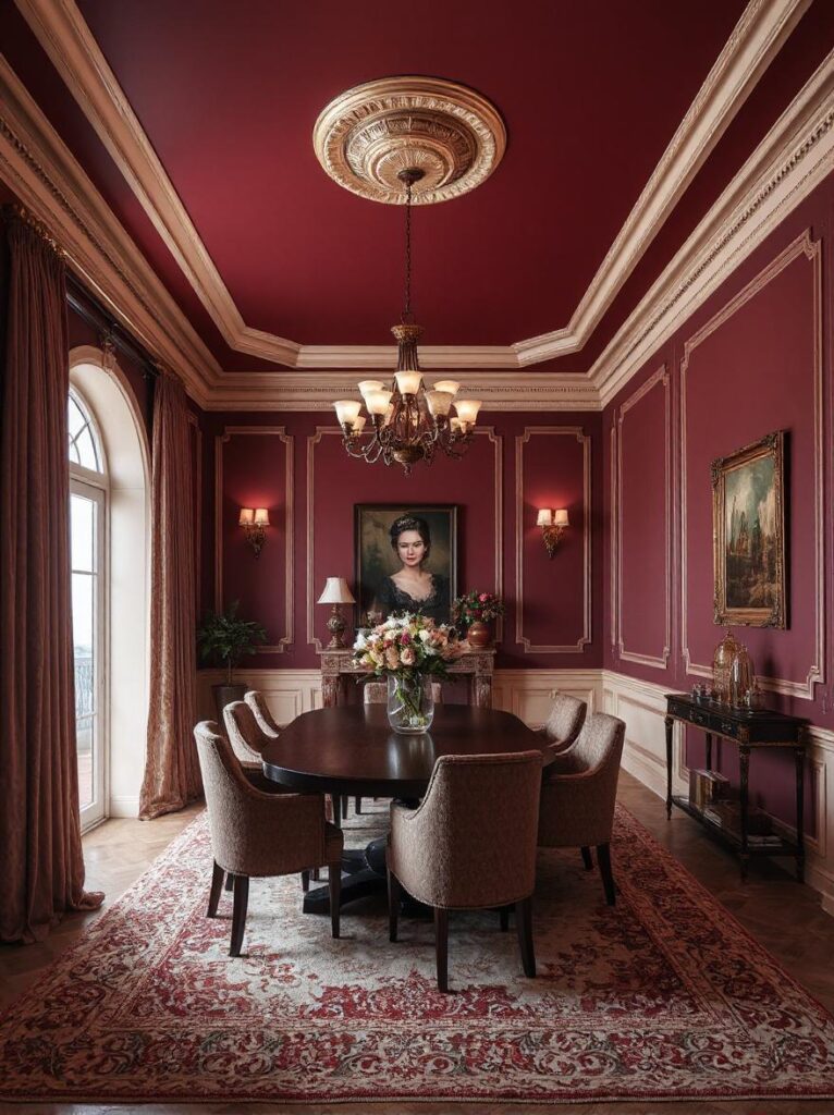 A sophisticated dining room with a dramatic burgundy ceiling that creates a cozy effect. The deep burgundy tone envelops the space in warmth and elegance, offering an unexpected and striking design feature. The ceiling is adorned with classic architectural details such as crown molding and a decorative ceiling medallion, enhancing the luxurious feel. The room features complementary neutral or muted walls, a stylish dining table with upholstered chairs, and ambient lighting from a chandelier that highlights the ceiling’s depth. The overall atmosphere is intimate, refined, and visually captivating.