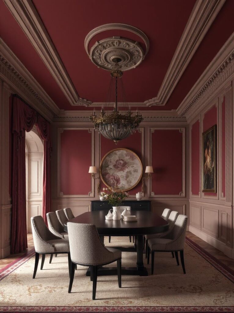 A sophisticated dining room with a dramatic burgundy ceiling that creates a cozy effect. The deep burgundy tone envelops the space in warmth and elegance, offering an unexpected and striking design feature. The ceiling is adorned with classic architectural details such as crown molding and a decorative ceiling medallion, enhancing the luxurious feel. The room features complementary neutral or muted walls, a stylish dining table with upholstered chairs, and ambient lighting from a chandelier that highlights the ceiling’s depth. The overall atmosphere is intimate, refined, and visually captivating.