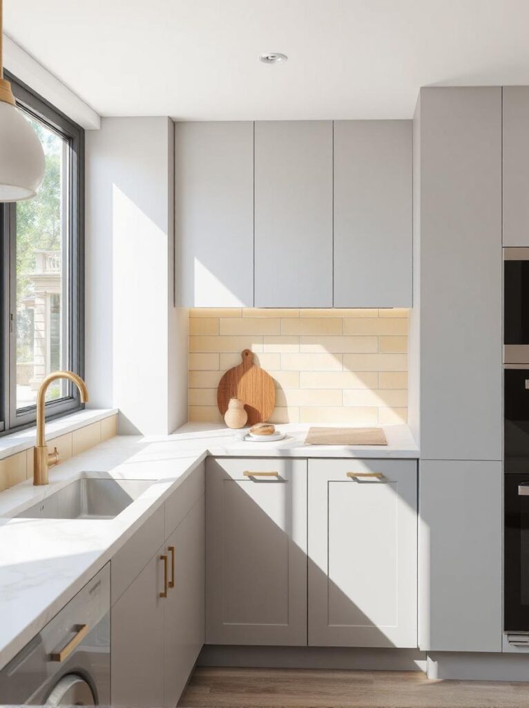 A modern minimalist kitchen with a clean, neutral color palette and a soft yellow subway tile backsplash that adds a cheerful, subtle pop of color. The backsplash features glossy tiles arranged in a classic horizontal layout. Sleek light gray cabinets with minimalist hardware enhance the clean look. Include smooth quartz or marble countertops, integrated appliances, and minimal decor for a clutter-free aesthetic. Natural light pours in through a nearby window, reflecting off the backsplash for a bright, uplifting effect. The space feels airy, modern, and refined. Interior photography, soft lighting, high-resolution, Scandinavian-inspired design.