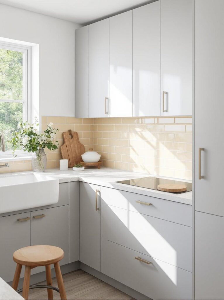 A modern minimalist kitchen with a clean, neutral color palette and a soft yellow subway tile backsplash that adds a cheerful, subtle pop of color. The backsplash features glossy tiles arranged in a classic horizontal layout. Sleek light gray cabinets with minimalist hardware enhance the clean look. Include smooth quartz or marble countertops, integrated appliances, and minimal decor for a clutter-free aesthetic. Natural light pours in through a nearby window, reflecting off the backsplash for a bright, uplifting effect. The space feels airy, modern, and refined. Interior photography, soft lighting, high-resolution, Scandinavian-inspired design.
