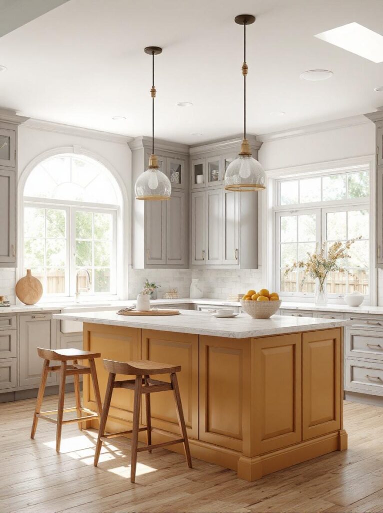 A stylish and welcoming kitchen featuring a golden ochre island as the central focal point. The island has a rich yet muted yellow tone, adding warmth and cheer without overpowering the space. Surrounding cabinetry is light gray, creating a clean contrast with the colorful island. The island includes elegant paneling, wooden bar stools, and a white or light marble countertop. Overhead, pendant lighting adds a modern touch. Include natural lighting from nearby windows and subtle decor like a bowl of lemons or a vase with fresh greenery. The overall vibe is bright, modern, and inviting. Interior photography, soft natural light, 4K resolution, modern farmhouse or transitional style.